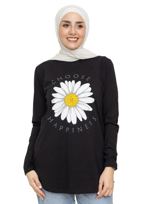 Black Printed Long - Sleeve Design 34 - Khotwh